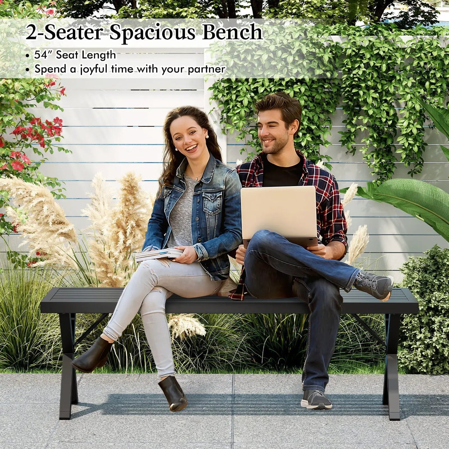 Patio Metal Bench with Slatted Seat and X Legs - Tampa Home & Garden Store