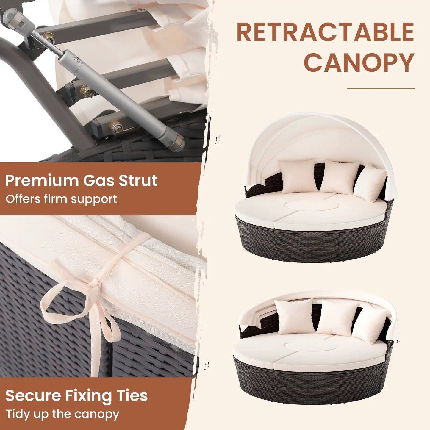 Patio Round Daybed with Retractable Canopy in White, DirectDeals wicker base and cushions on Tampa Home & Garden Store