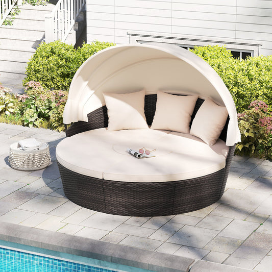 Patio Round Daybed with Retractable Canopy-White - Tampa Home & Garden Store