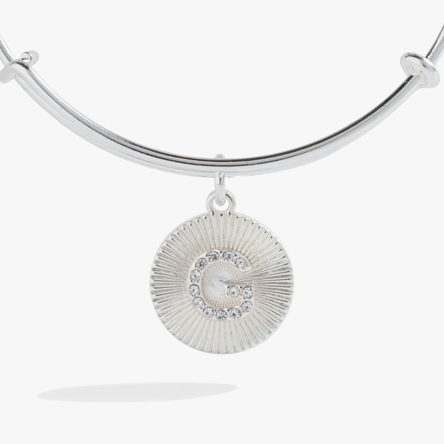 Initial G pave starburst texture bangle with sunburst pendant in silver tone on Tampa Home & Garden Store