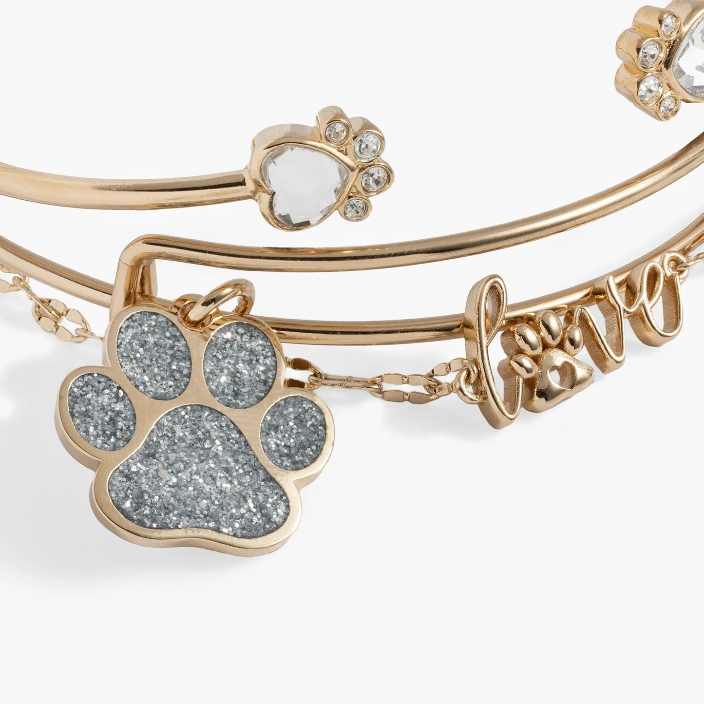 Paws of Love bracelet set of 3 by ALEX AND ANI, gold-tone paw-print bangles with crystals on Tampa Home & Garden Store