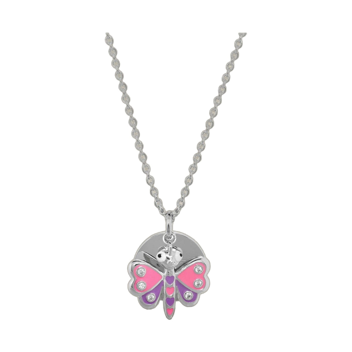 Dragonfly pendant necklace on a silver chain with crystal accents and pink-purple enamel wings on Tampa Home & Garden Store