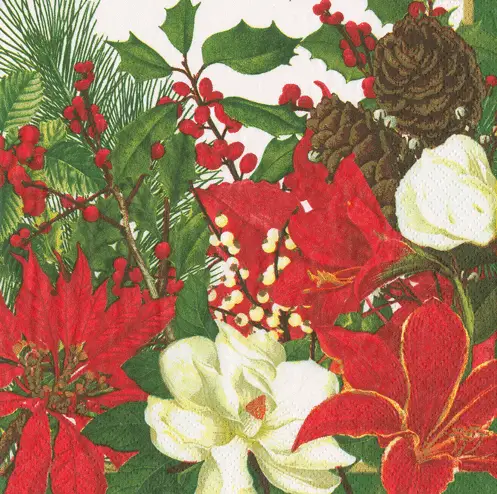 Poinsettia Christmas Garden Luncheon Napkins with red white green floral print on Tampa Home & Garden Store