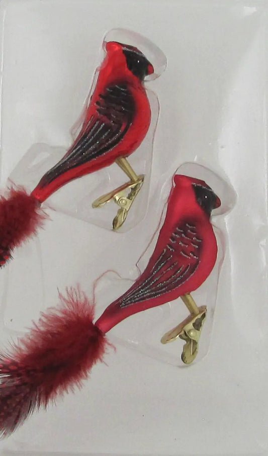 Glass red 6 inch clip-on cardinal birds, 2-pack with gold clips and black wing detailing on Tampa Home & Garden Store