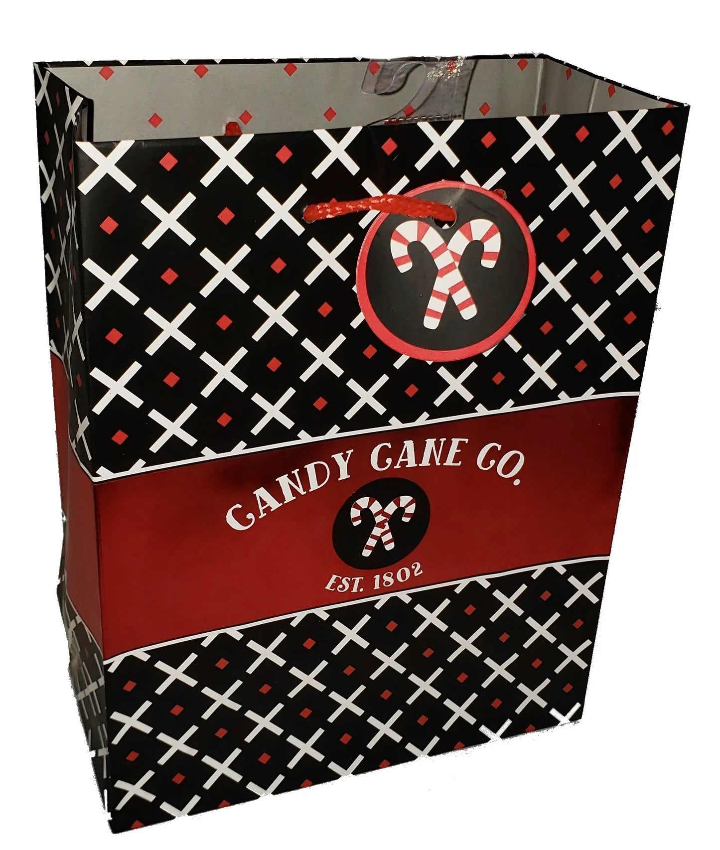 Candy Cane Gift Bags Medium coated paper black with white X pattern on Tampa Home & Garden Store