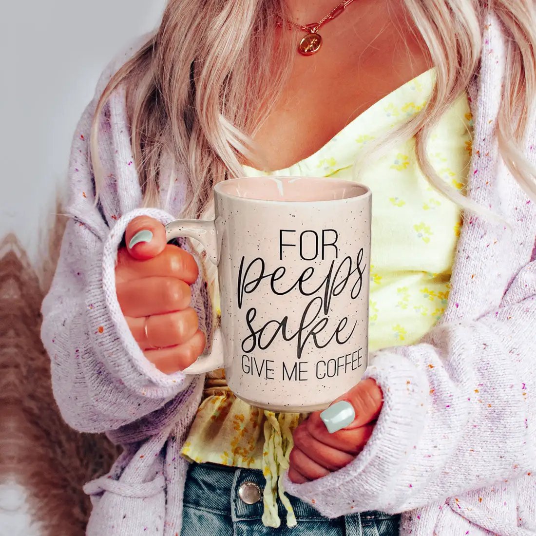 Peeps Sake ceramic coffee mug 16.23oz with speckled cream glaze and pink interior on Tampa Home & Garden Store