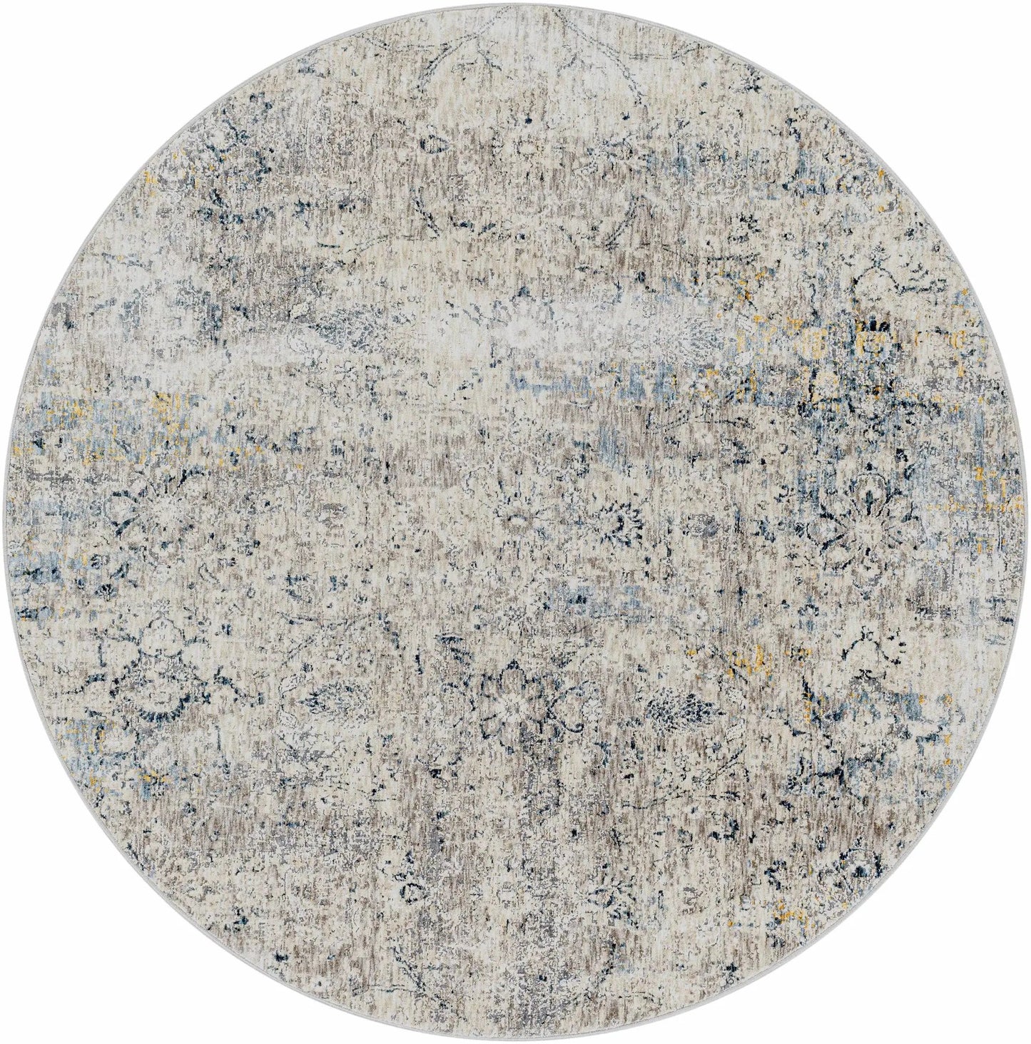 Pence Luxe Fringe Rug beige and charcoal, round rug with distressed pattern on Tampa Home & Garden Store