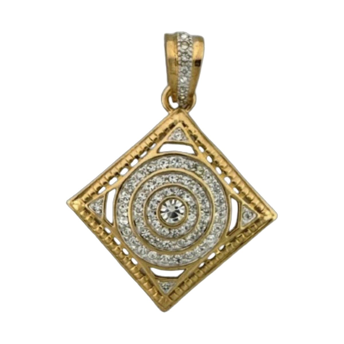 Gold triangular pendant charm with pavé diamonds and concentric circular center design on Tampa Home & Garden Store