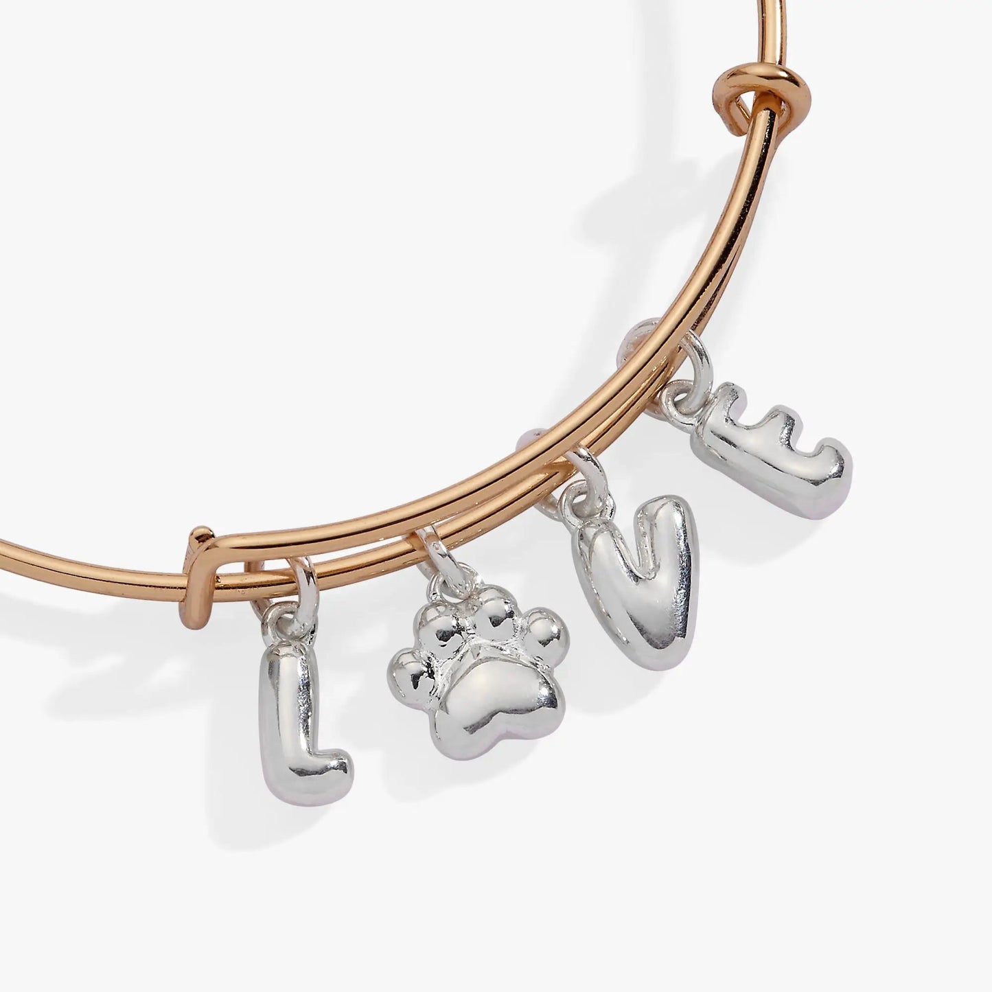 Pet Love Multi Charm Bangle by ALEX AND ANI, rose gold tone bracelet with dangling silver charms on Tampa Home & Garden Store