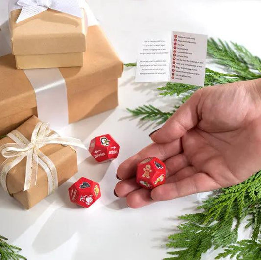 Merry Drinkmas Festive 12-Sided Dice Charm red dice with drink icons 3 shown for drinking games on Tampa Home & Garden Store