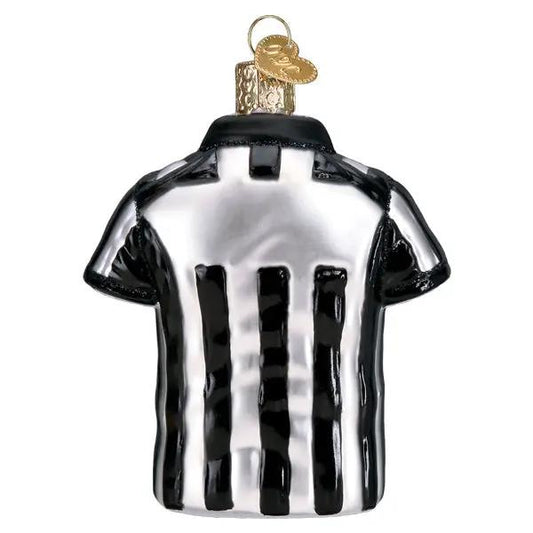 Referee shirt glass ornament striped black and white with a gold cap on Tampa Home & Garden Store