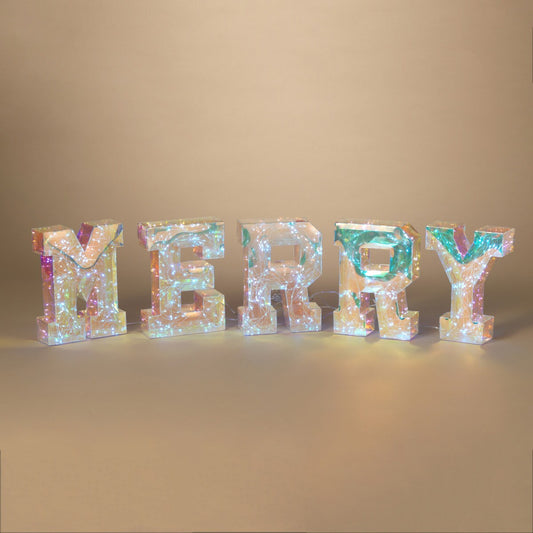 Décoration lumineuse holographique « MERRY » pour les fêtes avec télécommande - 25 cm de hauteur