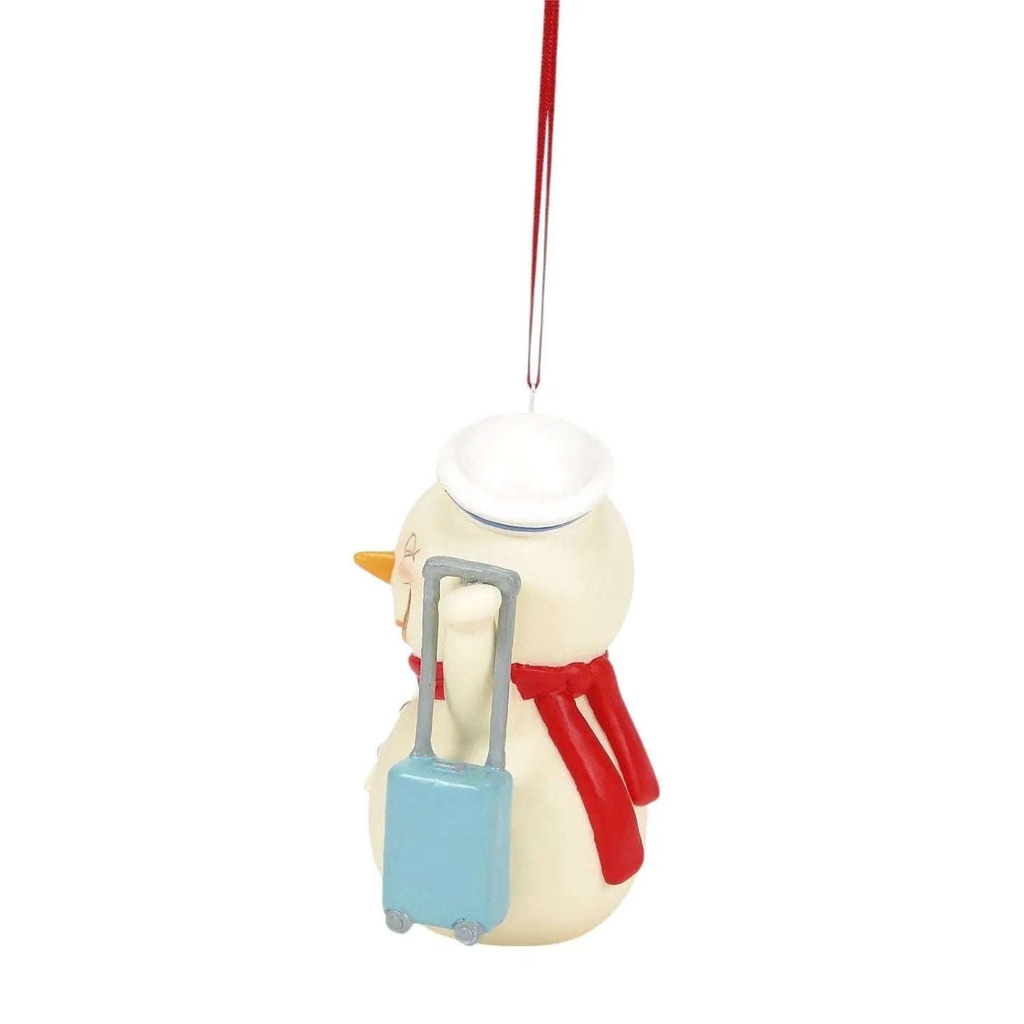 Let's Get Ship Faced Holiday Ornament snowman Snowpinion with light blue suitcase and red scarf, hanging by a red ribbon on Tampa Home & Garden Store