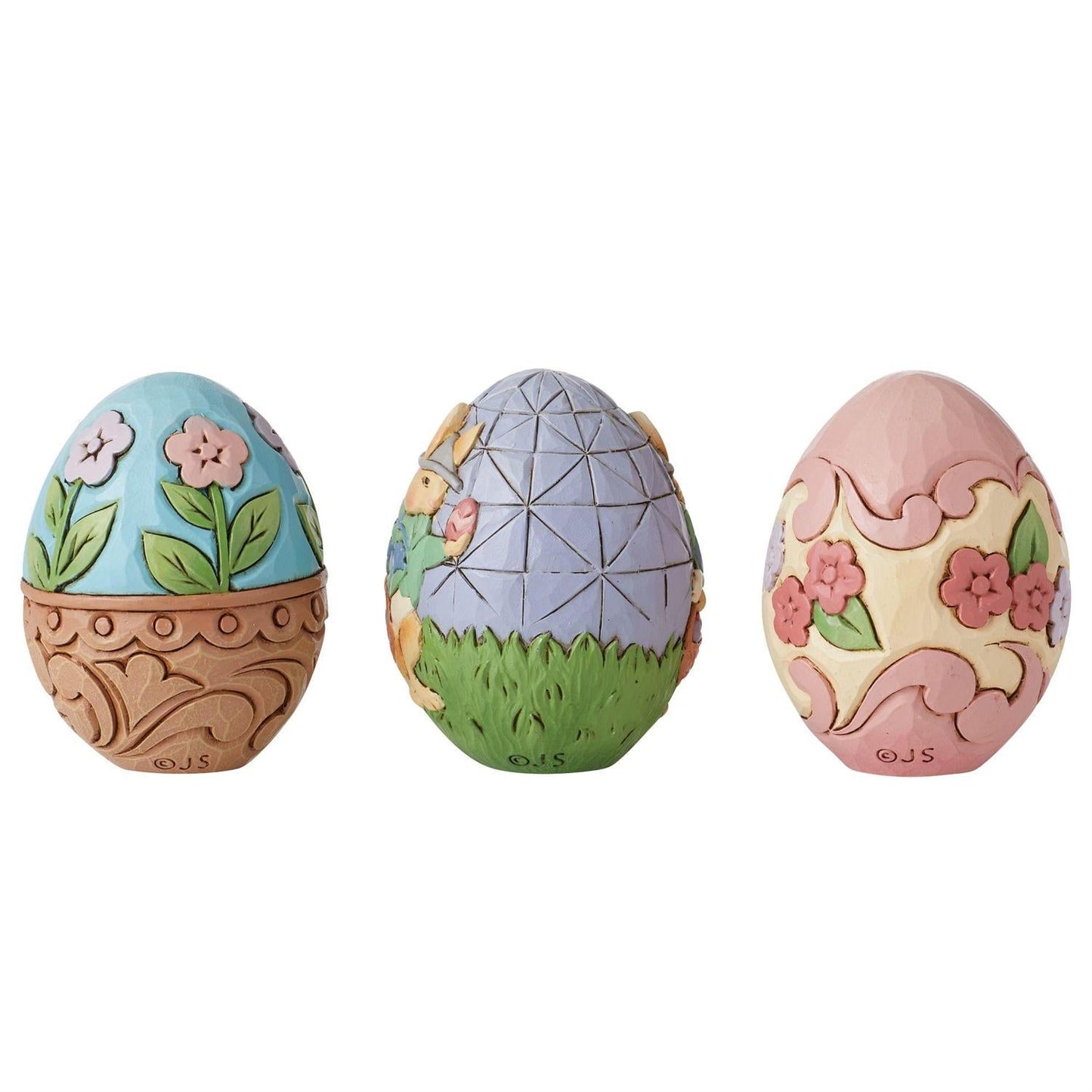 Bunnies Egg Hunt Easter Basket Figurine set of 3 decorative eggs in blue, lavender, and pink with floral and geometric patterns on Tampa Home & Garden Store