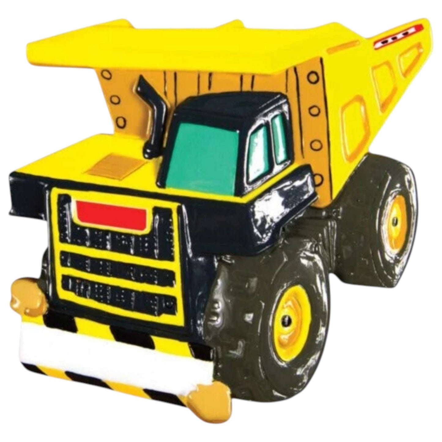 Colorful yellow dump truck ornament with green cab windows and black wheels on Tampa Home & Garden Store