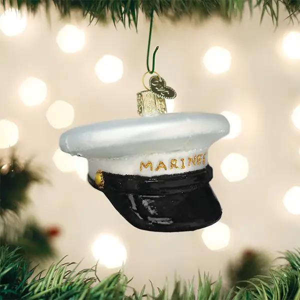 Marines Cap Glass Ornament, white cap with black brim and MARINES lettering on Tampa Home & Garden Store