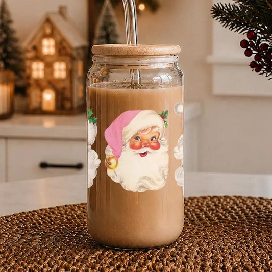 Gia Roma Vintage Pink Santa Glass Tumbler 17oz with wooden lid and metal straw on Tampa Home & Garden Store