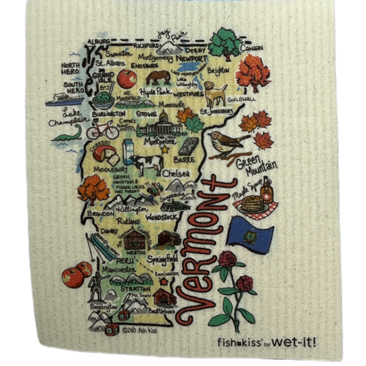 Swedish Wet Cloth Vermont reusable sponge cloth map design on beige background with colorful towns on Tampa Home & Garden Store