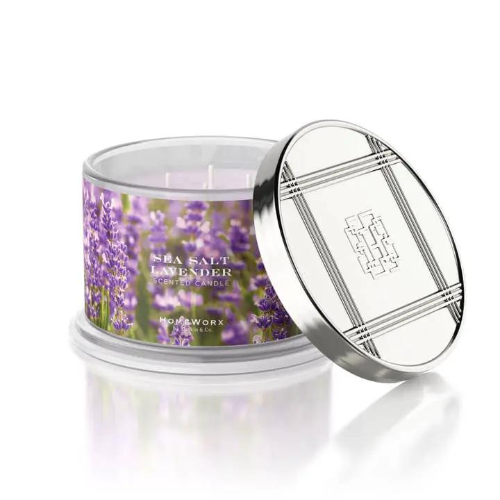 Sea Salt Lavender 18-oz four-wick HomeWorx jar candle with lavender label on Tampa Home & Garden Store