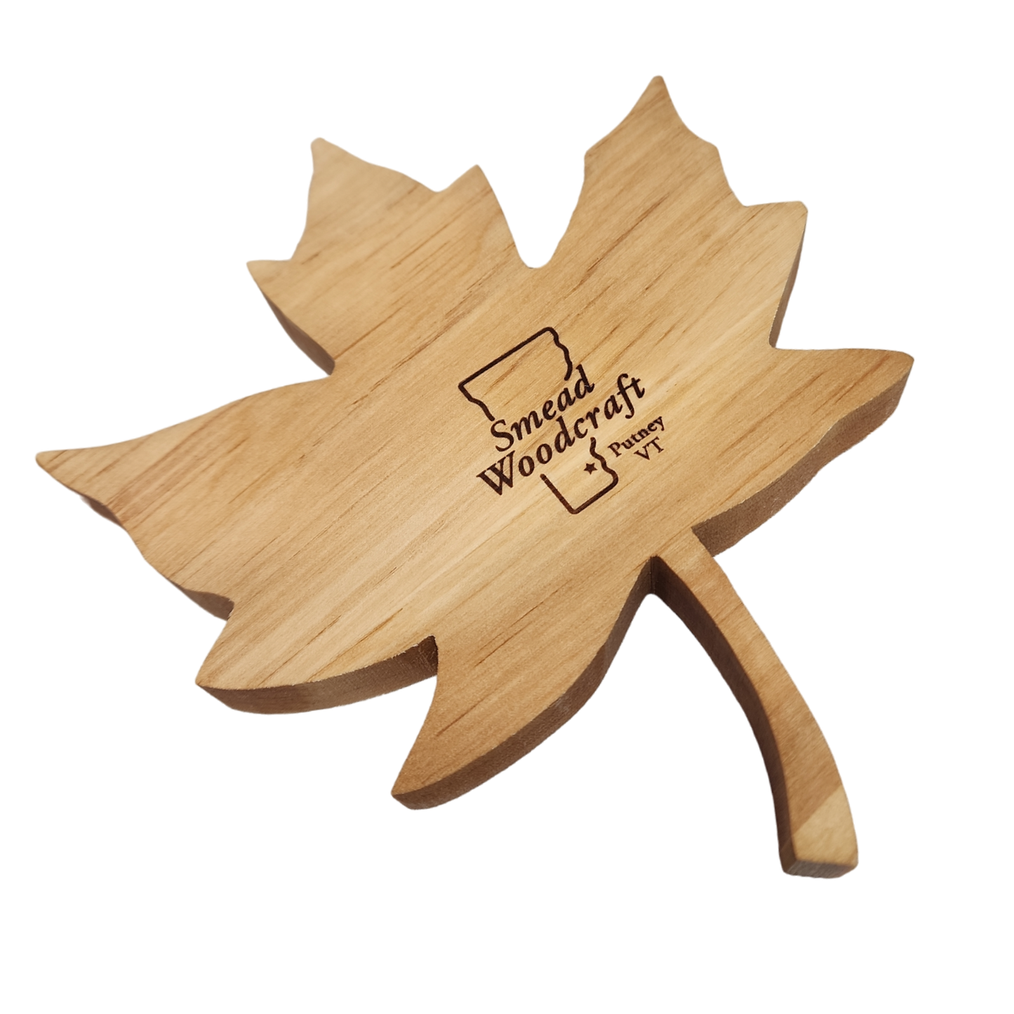 Maple leaf shaped wooden cutting board natural wood with Smead Woodcraft engraving on Tampa Home & Garden Store