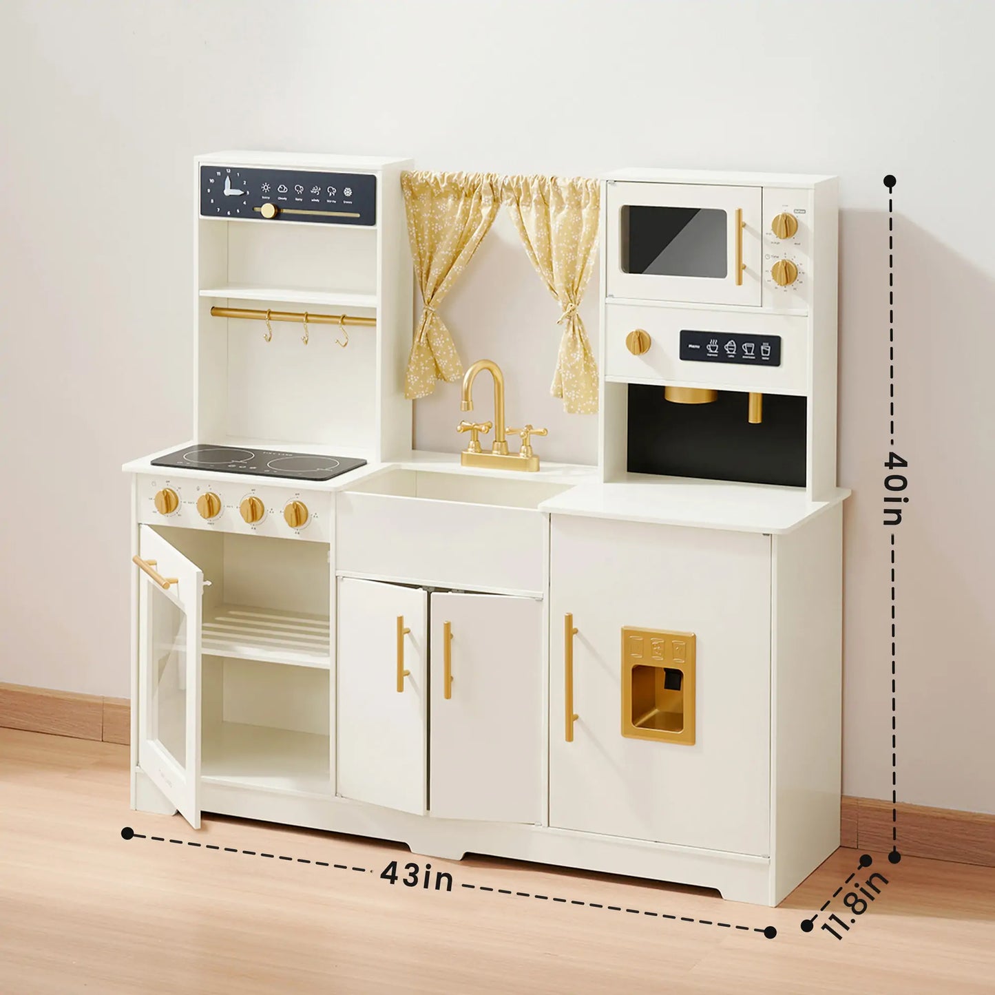 Tiny Land Iconic Wooden Play Kitchen cream color with stove, oven, sink and gold hardware on Tampa Home & Garden Store
