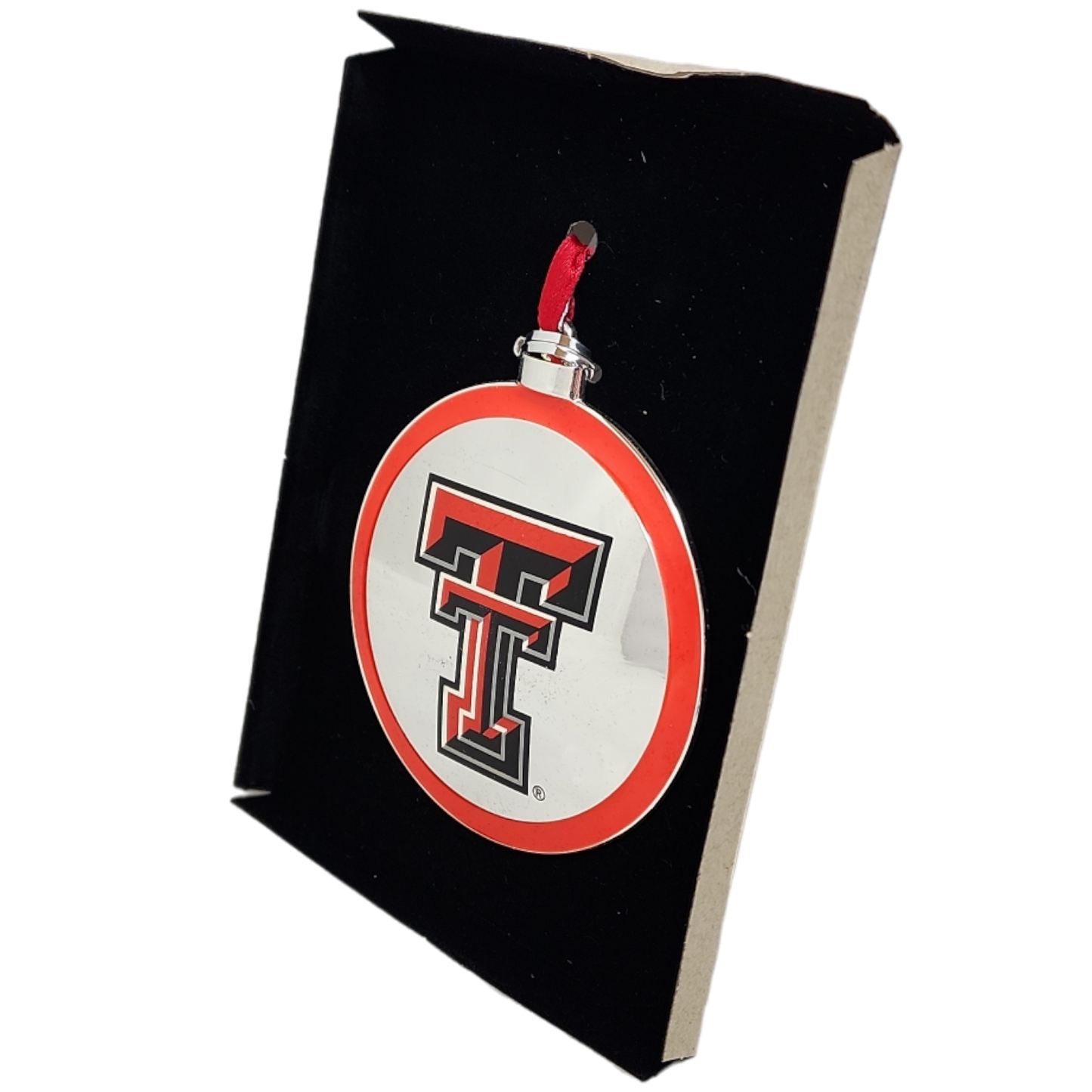 Silver-plated Texas Tech licensed ornament with red-bordered TT logo and hanging cord on Tampa Home & Garden Store