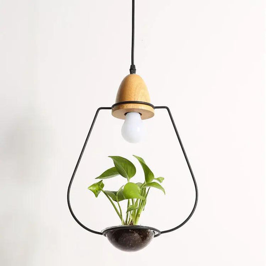 Glass plant chandelier pendant light by Decorbites with wooden top and black metal frame on Tampa Home & Garden Store