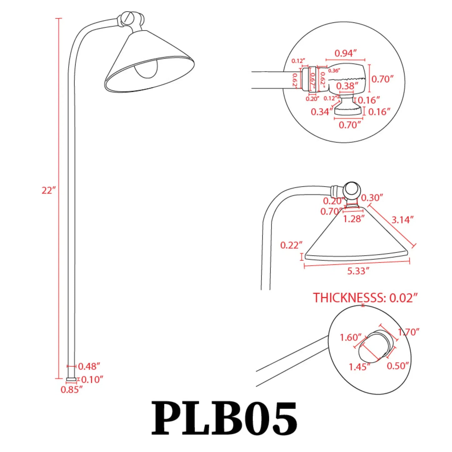 PLB05 LED brass landscape pathway light schematic with shade and base on Tampa Home & Garden Store