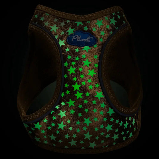 Plush Step In Glitter Glow Harness Gold with green glow stars and blue Plush logo patch on Tampa Home & Garden Store
