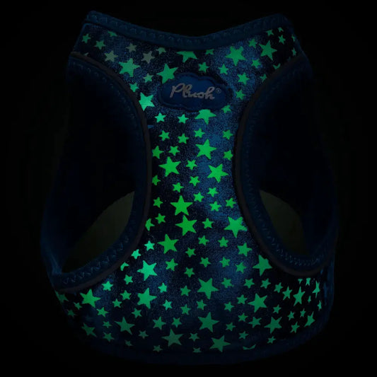 Plush Step In Glitter Glow Harness Navy with neon star pattern and Plush logo visible on Tampa Home & Garden Store