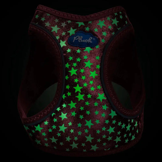 Plush Step In Harness Red with glitter glow and neon green star pattern on Tampa Home & Garden Store