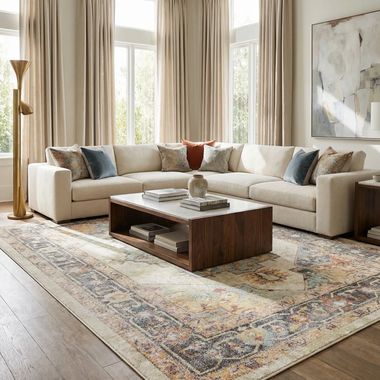 Hillcrest Area Rug by Boutique Rugs, cream ivory with subtle multicolor border on Tampa Home & Garden Store