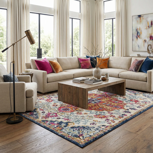 Bodrum Area Rug, Boutique Rugs multicolor floral with blue border in bright living room on Tampa Home & Garden Store