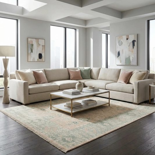 Robins Handwoven Cotton Blend Area Rug in teal beige pattern, Boutique Rugs on Tampa Home & Garden Store