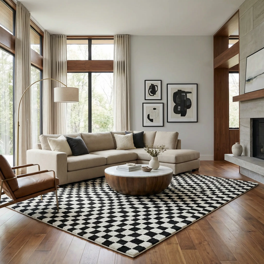 Lajos black and white checkered plush rug in a living room with beige sofa and wood floors on Tampa Home & Garden Store