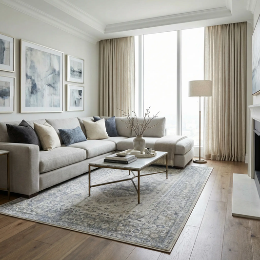 Gael Blue Boutique Rugs washable rug for living room with blue-gray pattern under sofa on Tampa Home & Garden Store