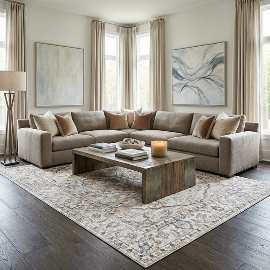 Cream Hiti flat-pile washable rug, Turkish-made by Boutique Rugs, cream with blue accents on Tampa Home & Garden Store