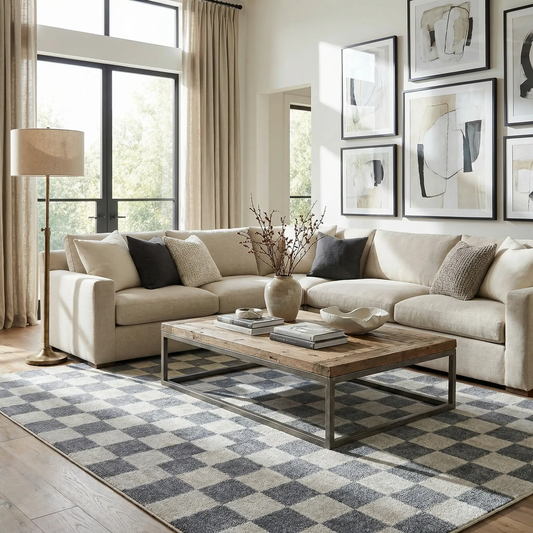 Alie Blue Gray Checkered Machine Washable Rug in a contemporary living room with a cream sofa on Tampa Home & Garden Store