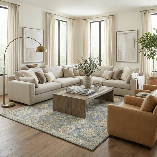Ayesha Oushak mint green wool hand tufted rug in a contemporary living room by Boutique Rugs on Tampa Home & Garden Store
