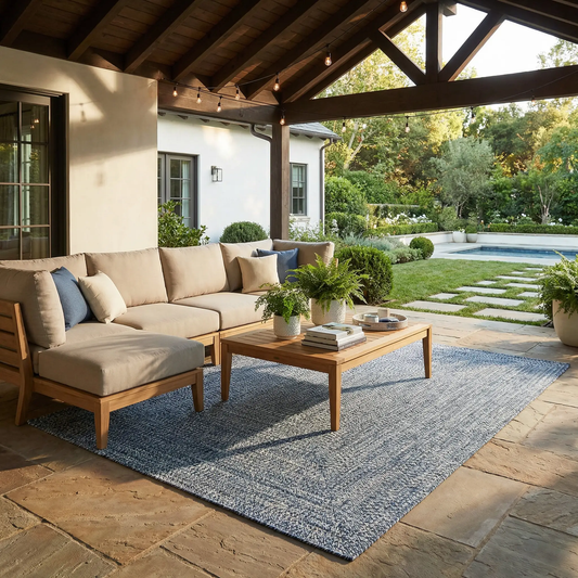 Blue braided faux jute outdoor rug by Boutique Rugs under a beige outdoor seating area on Tampa Home & Garden Store