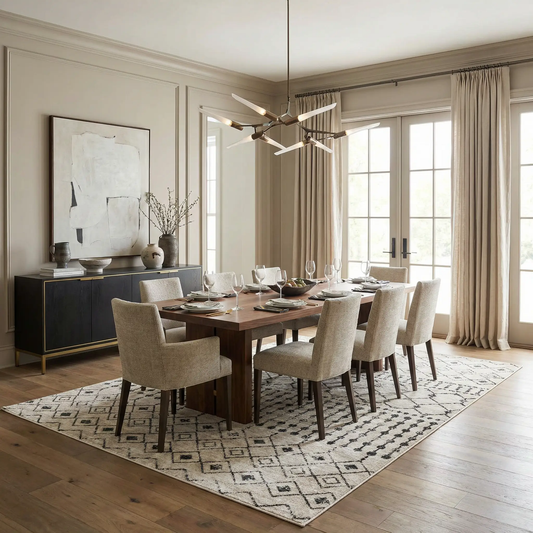Joppatowne washable Bohemian area rug by Boutique Rugs cream background with navy diamonds on Tampa Home & Garden Store