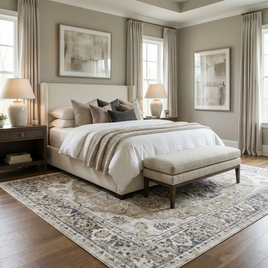 Boutique Rugs Rudo Beige flat-pile polyester rug washable in a neutral-toned bedroom on Tampa Home & Garden Store