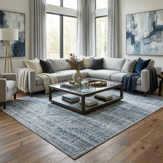 Barny Gray Blue Washable Rug from Boutique Rugs, gray-blue color, clearance on Tampa Home & Garden Store