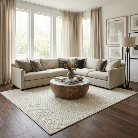 Drago White machine washable area rug by Boutique Rugs in cream tones in a neutral living room on Tampa Home & Garden Store
