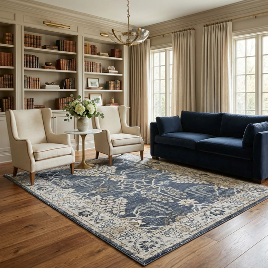 Scalby area rug in denim blue, cream and light gray with border in a modern living room on Tampa Home & Garden Store