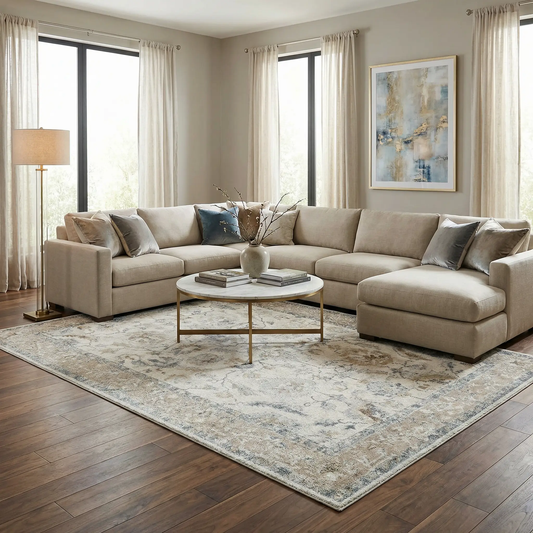 Uriel Thick Luxe Rug by Boutique Rugs in beige-gray with blue accents, plush pattern on Tampa Home & Garden Store