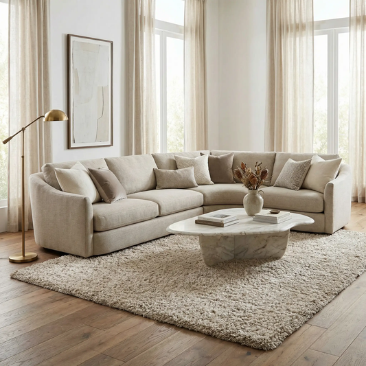 Siari Solid Oatmeal Shag Rug plush oatmeal gray in a bright living room with beige sofa on Tampa Home & Garden Store