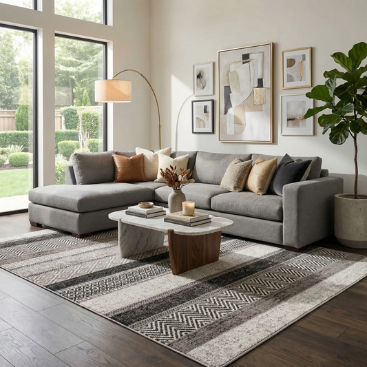 Middlestown washable area rug for high traffic, grey beige chevron pattern under sofa on Tampa Home & Garden Store