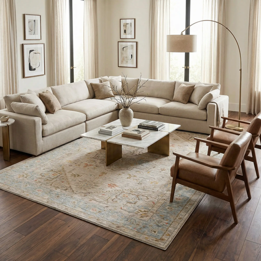 Ehan Cream Thick Luxe Oushak Rug with cream tones and subtle traditional pattern in a bright living room on Tampa Home & Garden Store