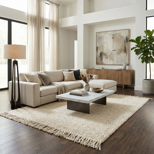 Senneterre Bleached Jute Rug Boutique Rugs, natural beige jute with woven texture on Tampa Home & Garden Store